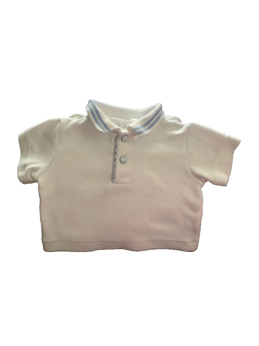 Vintage Baby 6-9 Months White Polo Shirt with Suspender Loops & Blue Collar.